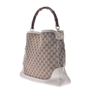 Gucci GG Ivory Beige Canvas Tan White Bamboo Bag Leather